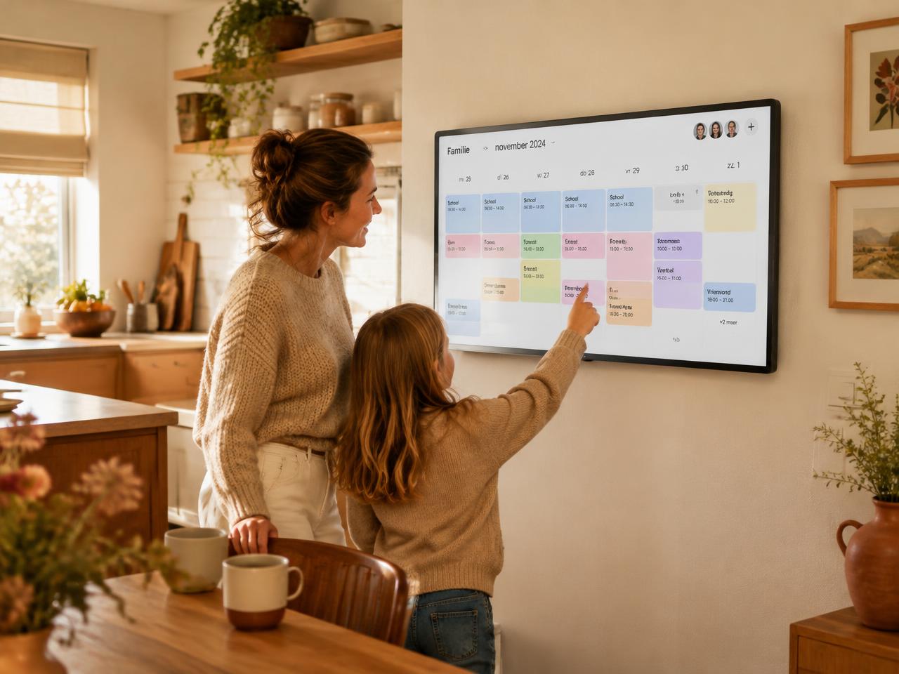 Familie vor einem Wanddisplay in der Küche